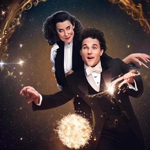 Prompt: Magician in a tuxedo on top of a godmother in a ball gown creating sparkling magic spewing out from in between them