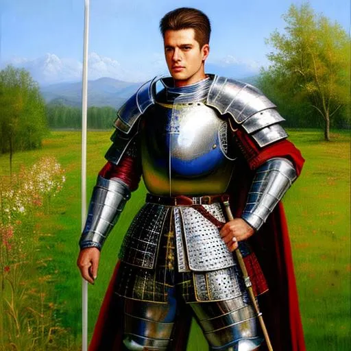 Prompt: oil painting, hd quality, UHD, hd , 8k, hyper realism, panned out view resolution, european male knight, quarterstaff, full length