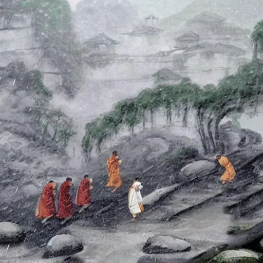 Prompt: The scene of Taoist monks, monks and children fighting thunderous rain in the dark