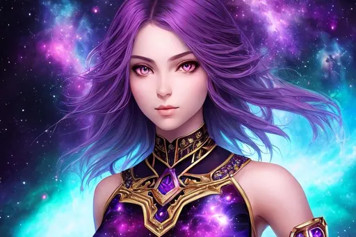 Prompt: Portrait of a girl, fractal art body, purple eyes and hair, intricate details, colorful nebula in background, professional composition, rule of thirds, leading lines, full body, sharp focus, 