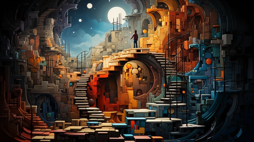 Prompt: layer 1 [kid icarus climbing a ladder 3d, seen from behind] layer 2 [a colorful abstract image from someone's digital art collection, in the style of steve sack, spirals and curves, mosaic-inspired realism, painted illustrations, mexican folklore-inspired, digitally enhanced, bold lines, vibrant color]