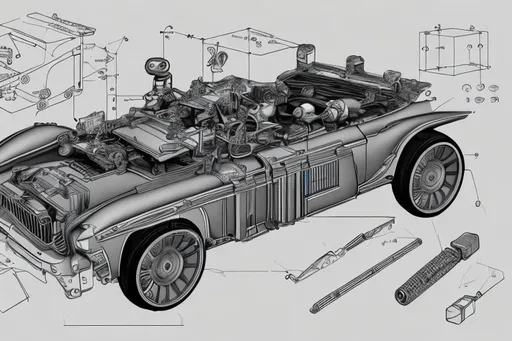 Prompt: A schematic diagram of a toy car model, technical drawing, hands-on learning, flat lay, CAD software, mechanical engineering, monochromatic colors, high contrast, sharp lines, --ar 4:3.