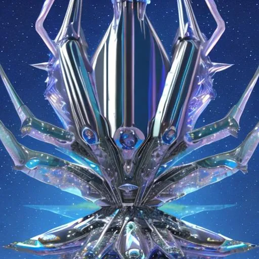 Prompt: Bio-Space ship of metallic flesh, crystal form, squid ship, symmetrical , in the style of farscape 