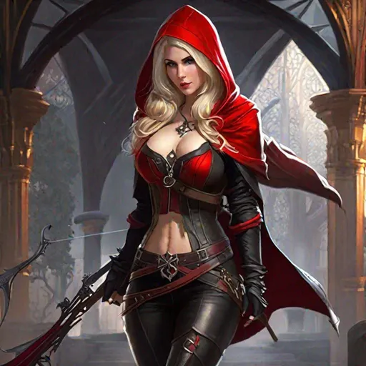 Prompt: Game art, fantasy, Beautiful busty seducer, goth, (crop top:1.5), leather full  clothed, blond hair, pale skin, red hooded cloak, crossbow in hands, full body, 4k