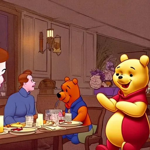Prompt: Pooh talking with peggy in a dinner  night in new york