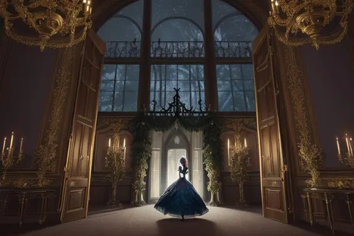 Prompt: Nighttime in an enchanted forest royal castle there is a lavish ball taking place, that you can barely see through the large windows, and there is a door ajar and a mysterious beautiful woman is walking in, and you are curious as to what is happening inside, high quality image