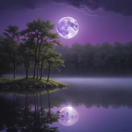Prompt: Full moon reflection on a serene lake, embracing delicate ripples, trees framing the foreground, vibrant purple sky illuminated by celestial hues, ethereal atmosphere. Captured in stunning detail, award-winning art photography by Darrell Riche showcases photorealistic painting techniques, offering a dreamlike quality, ultra-detailed, enchanting, and captivating visual harmony.