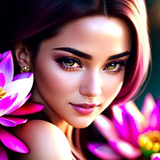 Prompt: {{{{highest quality cinematic masterpiece}}}} best award-winning digital hyperrealistic oil painting with {{lifelike RAW photography textures and details}}, perfect full body shot of hyperrealistic provocative arousing seductive stunning gorgeous wonderful beautiful cute feminine 22 year {{pink lotus princess}}, {{natural NO makeup}} with hyperrealistic {{pink layered hair}} and hyperrealistic {{beautiful pink eyes}} wearing hyperrealistic {{pink body tight lotus harness}} with deep exposed visible cleavage and tight arousing muscles and abdomen, infront of zen garden pond in background, in hyperrealistic intricately detailed perfect 128k resolution high-fidelity UHD HDR,
hyperrealistic provocative arousing seductive stunning gorgeous wonderful beautiful cute feminine extremely detailed natural beauty face with romance glamour soft skin and red blush cheeks and cute sadistic smile and {{seductive love gaze at camera}},
hyperrealistic perfect anatomy posing in perfect cinematic colored shaded composition, professional sharp focus RAW photography with cinematic depth of field DOF and hyperrealistic cinematic volumetric dramatic 3d lighting, 
{{sexy}}, {{huge breast}}