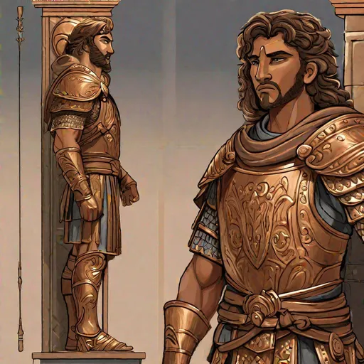 Prompt: A mycenean warrior in bronze armor. He is guarding a city door. RPG art. Well Draw face, detailed. 2d. Dynamic pose. 