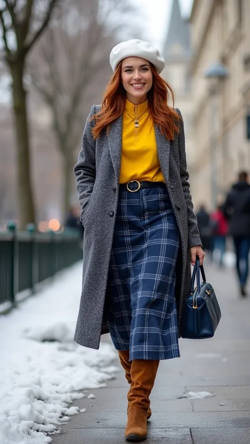 Prompt: (Stunning olive-skin French woman), walking on a (crisp winter day) in (Paris), with (Notre Dame) in the background, showcasing her elegant charm and beauty, warm friendly smile, (silky auburn-cinnamon hair), wearing a chic (white beret), fashionable outfit with a (blue & yellow tweed coat), bright (yellow blouse), stylish (blue plaid above the knee skirt), and (tall brown suede boots), navy purse, featuring curvy figure, captured in (photorealistic 8k), emphasizing (high detail & quality). The ambiance is (charming) and (elegant).