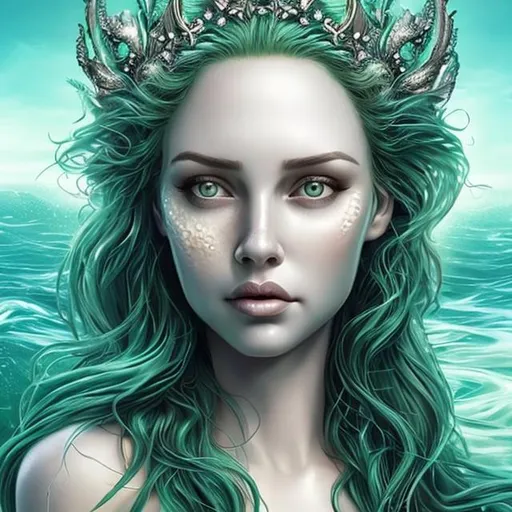 Prompt: Mermaid goddess green beautiful hyper realistic face features hyper detailed forehead crown 