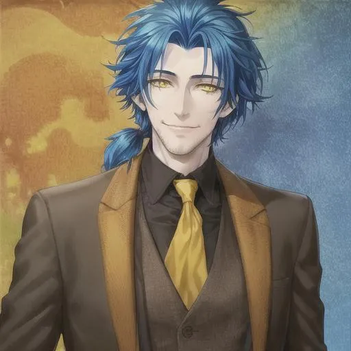 Prompt: A tall handsome grinning man with snow white skin, messy blue hair in a plait and sulphur yellow eyes in a black suit 