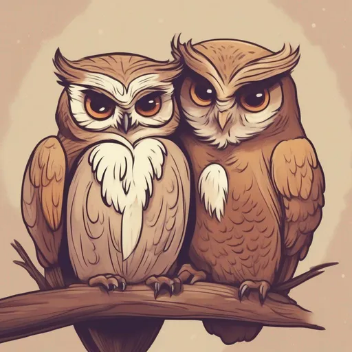 Prompt: a happy owl cuddling a cute smaller grumpy owl in a painted style
