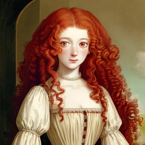 Prompt: Young woman in 18th century,red curly long hair with amber eyes, pale skin, with freckes
Dressed with 1760 gown
