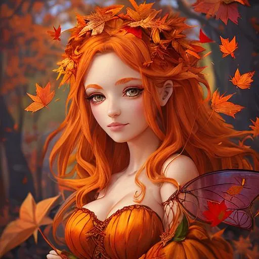 Prompt: Fairy goddess of Autumn, warm colors, closeup