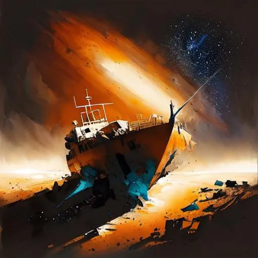 Prompt: artwork of  a crashing ship falling on a desert, dark sky, nebula and stars in the background on horizon.
Beautiful painting. 
