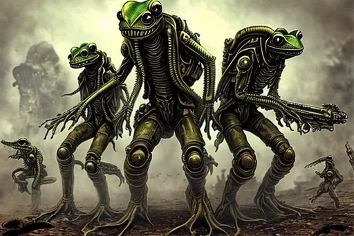 Prompt: aliens versus steampunk frogs world war 1
