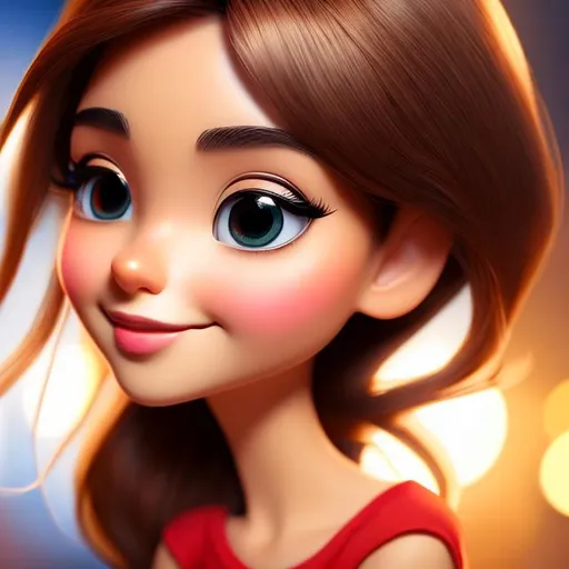 Prompt: Disney, Pixar art style, CGI, Girl with tall thin face, circular eyes, long brown messy hair with red tips light tan skin, dark brown eyes