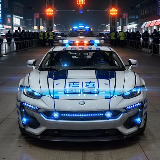 Prompt: Subject: "Police cars"

Creative descriptions: Sleek, blue and white sports cars with spherical wheels are adorned with Chinese characters and the powerful Chinese characters "坡力士". The police cars are covered only with Chinese characters. Flashing lights illuminate the darkness, casting an eerie glow.

Environment: A bustling city at night, with towering skyscrapers and neon signs reflecting off wet pavements. The streets are alive with a mix of excitement and tension.

Mood/Feelings: A sense of authority and vigilance permeates the air. There's an undercurrent of urgency and anticipation, as if something significant is about to unfold.

Artistic medium/Techniques: The scene captures the interplay of light and shadow, highlighting the contrast between the glowing police cars and the dark cityscape. Long exposure techniques enhance the dynamic movement of the flashing lights.

Artists/Illustrators/Art Movements: Inspired by the works of Edward Hopper, with his mastery of capturing urban solitude, and influenced by the noir aesthetic of film noir and graphic novel illustrations.