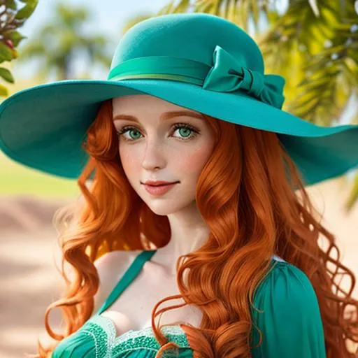 Prompt: Woman with  long, very curly ginger hair, green eyes, wearing sky blue, fancy hat

