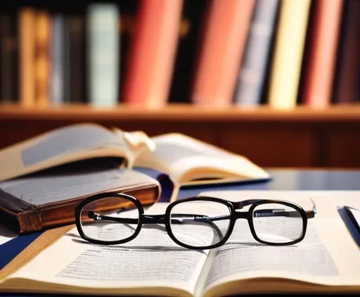 Prompt: Picture of glasses on a table and books next to it