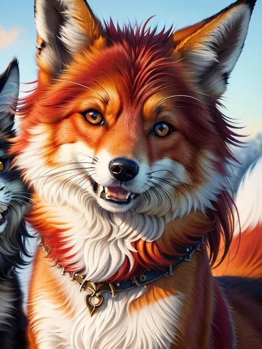 Prompt: (8k, masterpiece, oil painting, professional, UHD character, UHD background) Portrait of Vixey, Fox and Hound, close up, mid close up, brilliant glistening red fur, brilliant amber eyes, big sharp 8k eyes, sweetly peacefully smiling, detailed smiling face, (extremely beautiful), (open mouth, uv face, uwu face),  alert, curious, surprised, cute fangs, complementary colors, extremely detailed eyes and face, enchanted snowy garden, vibrant flowers, vivid colors, lively colors, vibrant, high saturation colors, flower wreath, detailed smiling face, highly detailed fur, highly detailed eyes, highly detailed defined face, highly detailed defined furry legs, highly detailed background, full body focus, UHD, HDR, highly detailed, golden ratio, perfect composition, symmetric, 64k, Kentaro Miura, Yuino Chiri, intricate detail, intricately detailed face, intricate facial detail, highly detailed fur, intricately detailed mouth