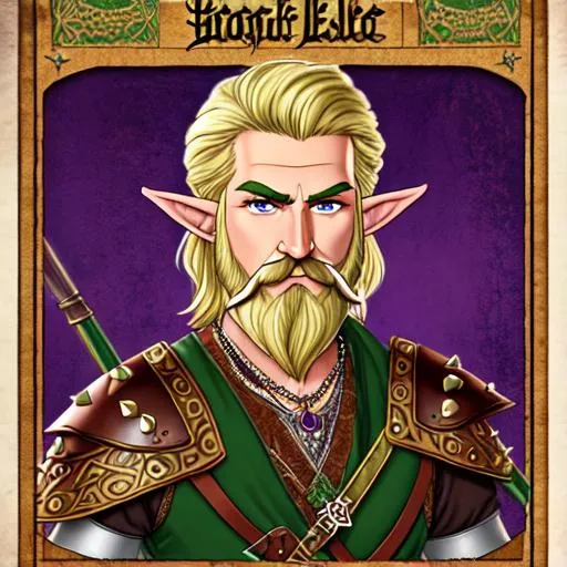 Prompt: A Elf wearing a brown and green viking/Ancient Persian style studded leather armor. short blonde hair, long mustache, purple eyes. drawn as a medieval style wanted poster.