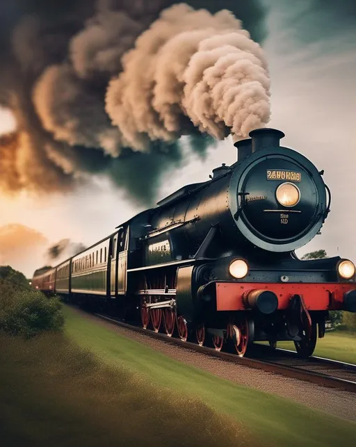 Prompt: At dusk, capture the nostalgia and excitement of a vintage steam Train as it chugs through the countryside. Use a retro film camera with a wide-angle lens to evoke the charm of yesteryears. Capture the sense of adventure and history in this timeless mode of travel.