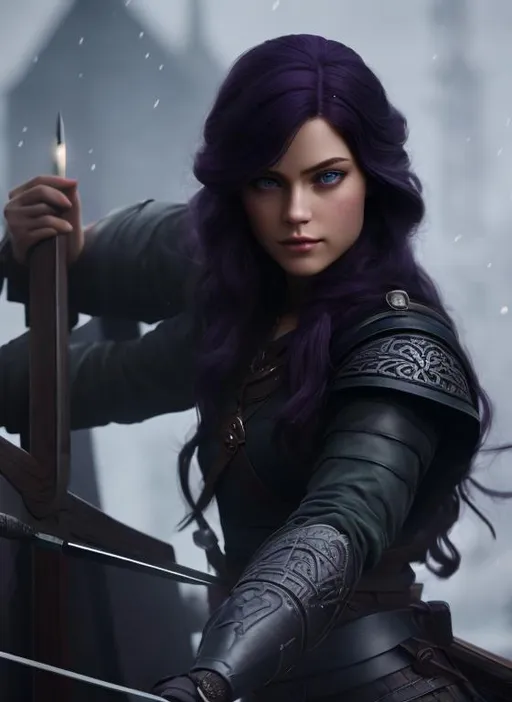 Prompt: she has dark purple hair, create most beautiful fictional female viking princess warrior, dark purple hair, light blue eyes, extremely detailed environment, detailed background, intricate, detailed skin, professionally color graded, photorealism, 8k, moody lighting