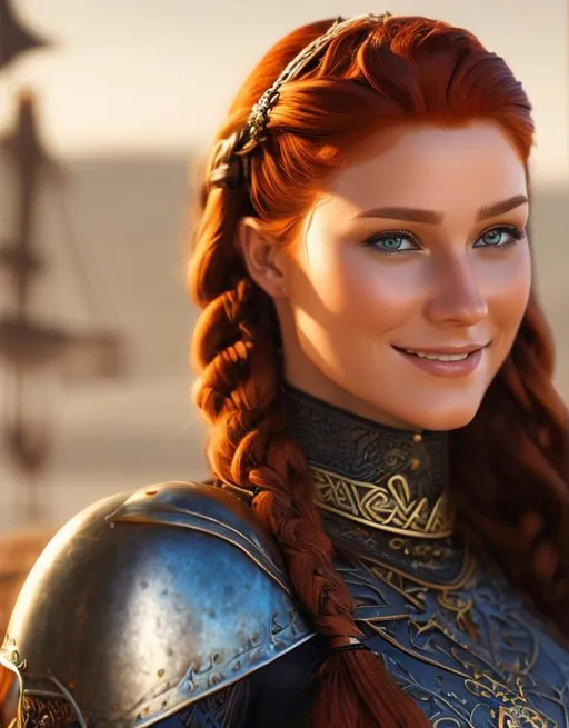 Prompt: highest quality stylized viking woman masterpiece, red hair, award-winning 3d oil painting art, perfect anatomy in perfect composition, long shot, hyper-realistic photography, intricate, 64k, UHD, HDR, (intricate eyes), extraordinary lips, smile, gorgeous eyelashes, highly detailed face, hyper-realistic facial features, cinematic 3d volumetric, dramatic lighting with backlit backlight, by Julia Razumova