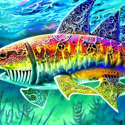 Prompt: Water color of a neon skeleton shark swimming, fractal paint, contour, hyperdetailed intricately detailed , unreal engine, fantastical, intricate detail, splash screen, complementary colors, fantasy concept art, 8k resolution, deviantart masterpiece, oil painting, heavy strokes, paint dripping, splash arts, ultra details