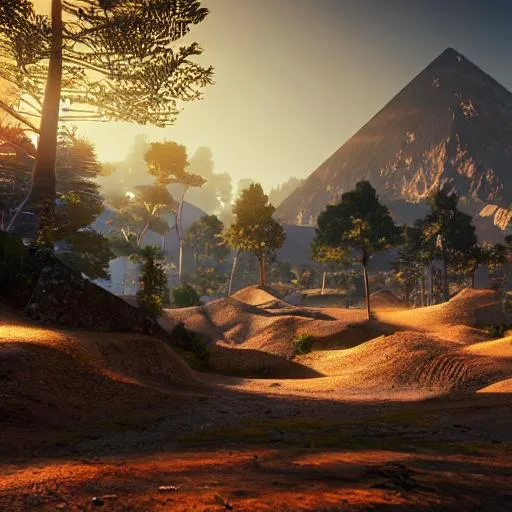 Prompt: Hyper realistic image of forest valley, anime, warm feeling, dusk, pyramids, misty forest setting, mountains in back ground, ominous feel, summer, stars,  8k, hyper realistic, unreal engine 5 