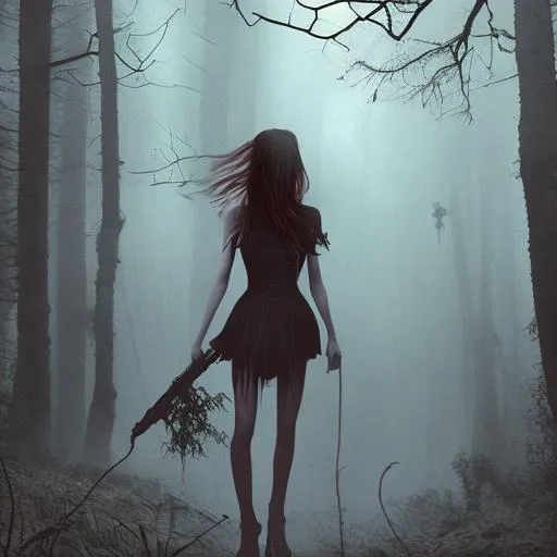 Prompt: digital art style ,=, dark fantasy horror-book cover, in foggy dark forest, , dark fantasy, high details, outline of girl holding weapon with glowing eyes in the forest watching her hyperrealistic
