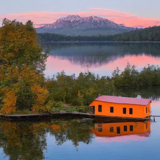 Prompt: A serene lake surrounded by mountains with a golden sunset in the background. The water is calm and reflects the orange and pink hues of the sky. A small cabin sits on the edge of the lake, with smoke rising from the chimney. In front of the cabin, there is a small wooden dock with a boat tied to it. The boat is a simple wooden rowboat with oars resting in the bottom.