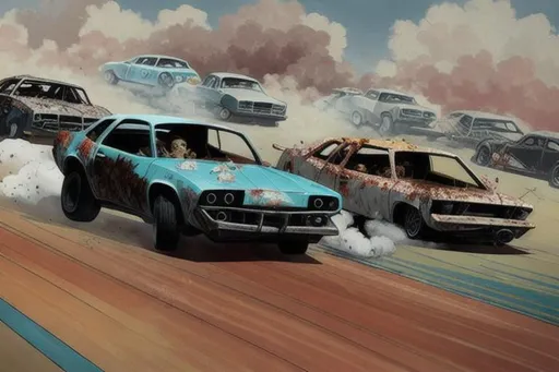 Prompt: cartoon picture of a destruction derby event full of destroyed cars