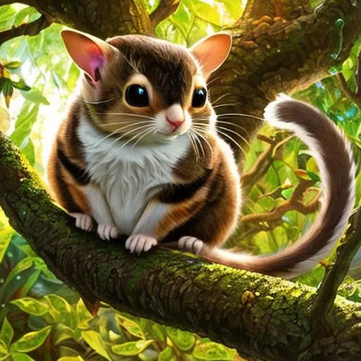 Prompt: Flying Squirrel cat hybrid animal, with pointed elf ears, with wild-cat fur, on a tree, perfect composition, highly detailed, intricate details, HD, fantasy, fey, Use warm, earthy tones and incorporate elements of nature and magic