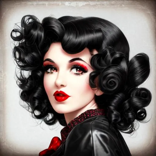 Prompt: 50's fashionable girl,black curly hair, red lips, facial closeup
