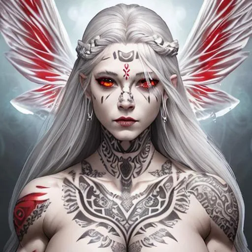 Prompt: Goddess, {alabaster skin}, {silver hair}, {red eyes}, female, perfect body, muscle woman, {short stack}, {photo realistic}, {cover art}, ethereal, {tribal tattoos}, {large gossamer wings}, perfect face