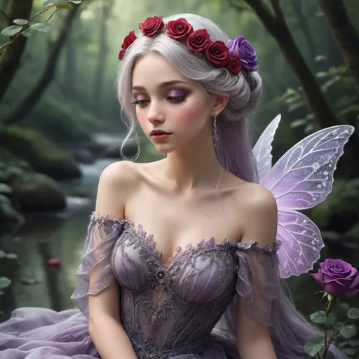 Prompt: Hi, I saw this prompt & wanted to try it.

a highly detailed, ethereal fairy with a serene and graceful expression. She has delicate, translucent wings that shimmer with a subtle gradient of purple and white hues, intricate veins visible. Her long, silver hair is styled in an elaborate updo, adorned with vibrant red roses, some of which have small, glistening dewdrops on their petals. She wears an elegant, flowing gown with layers of black and gray ruffles that cascade around her, creating a sense of movement. The dress features intricate lace and floral patterns, with a large purple rose accentuating her waist. The fairy is seated in a poised, yet relaxed position, holding a perfectly bloomed purple rose in one hand, her other hand gently resting on her lap. Her makeup is soft and subtle, with a hint of purple eyeshadow that complements her overall aesthetic. The background is a pastoral forest with a gentle winding stream, ensuring that all attention remains on the fairy's exquisite details and the enchanting atmosphere she exudes. 