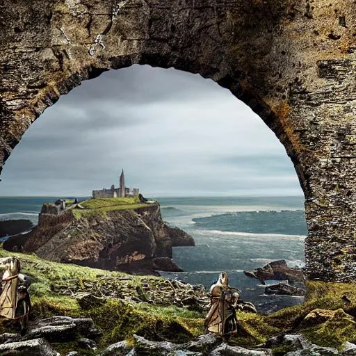 Prompt: 2 medieval warriors ::0.4 travelling on a cliff to a background castle , view of a coast line landscape , English coastline, Irish coastline, scottish coastline, perspective, folklore, King Arthur, Lord of the Rings, Game of Thrones. Photographic, Photography, photorealistic, concept art, Artstation trending , cinematic lighting, cinematic composition, rule of thirds , ultra-detailed, dusk sky , low contrast, natural lighting, fog, realistic, light fogged, detailed, atmosphere hyperrealistic , volumetric light, ultra photoreal, | 35mm| , Matte painting, movie concept art, hyper-detailed, insanely detailed, corona render, octane render, 8k, --ar 3:1 --no blur



