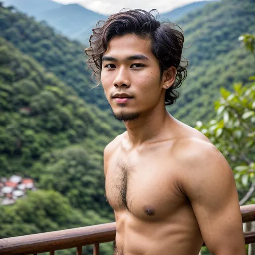 Prompt: close up photo of very handsome, 20 year old Thai man looking at the camera, wavy hair cut medium length, with a trimmed beard, very hairy chest and armpits, mountain top vista, centered in frame, 85mm lens, f8, photography, intricate details, very detailed eyes, correct perspective, natural light
