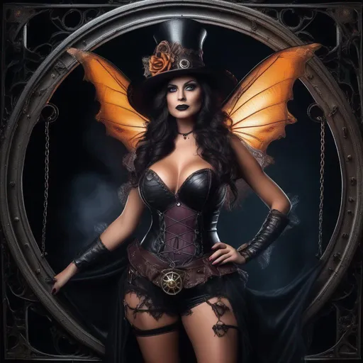 Prompt: Wide angle. Whole body showing. Photo realistic. Detailed Illustration. Beautiful, buxom woman with broad hips. Incredible bright eyes.  Standing in view on Halloween. Witch. Steam Punk, Winged Fairy. Skimpy, flowing outfit. On a breathtaking Halloween night. Gorgeous Halloween colors.