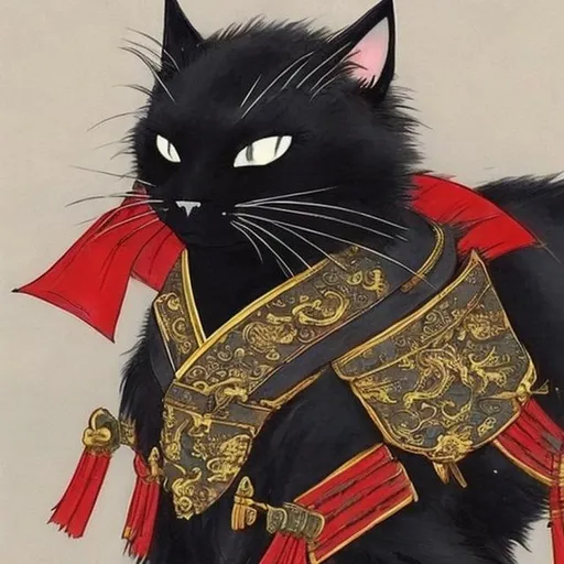 Prompt: black cat wearing samurai armor