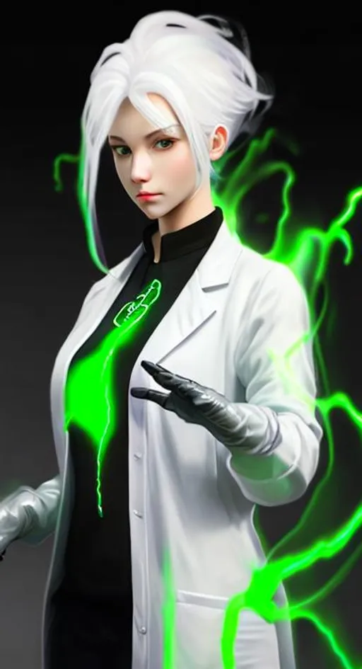 Prompt: black shirt, white labcoat, female, long grey and green glowing hair, wearing white gloves, concept art