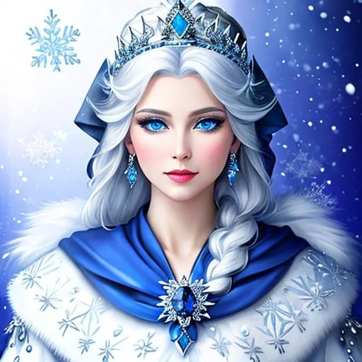 Prompt: Snow queen, wearing sapphire jewelry , blue eyes