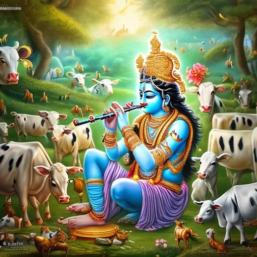 Prompt: Lord Krishna playing the flute in a forest with a lots of cows around him, 4k, detailed.