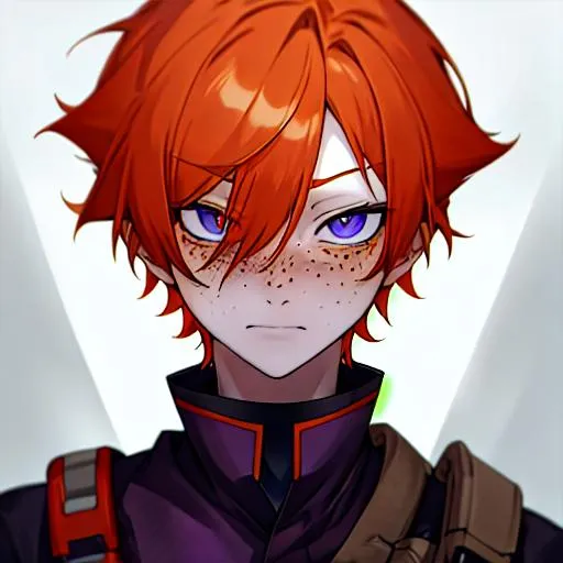 Prompt: Erikku male (short ginger hair, freckles, right eye blue left eye purple) UHD, 8K, Highly detailed, insane detail, best quality, high quality.