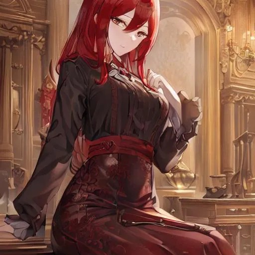 Prompt: masterpiece, illustration, best quality:1.2), 1girl, solo, red hair, dignified , finely detailed, detailed face, beautiful detailed eyes, beautiful detailed shading, beautifully detailed background, surtr, arknights, short black skirt