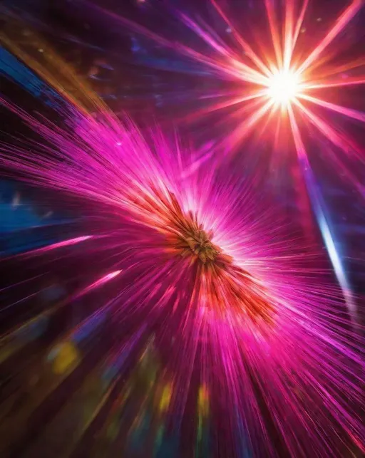 Prompt: A vibrant sunburst photograph taken looking directly at a sunrise, vibrant hues of pink, purple and orange radiate out from the sun surrounded by blues and blacks. Lens flares enhance the dazzling starburst effect.