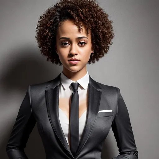 Prompt: Waist high Portrait of a beautiful and cute Nathalie Emmanuel in suit with tie,  perfect detailed face, detailed symmetric hazel eyes with circular iris, realistic, stunning realistic photograph, 3d render, octane render, intricately detailed, cinematic, trending on art station, Isometric, Centered hiper eallistic cover photo, awesome full color, hand drawn, dark, gritty, klimt, erte 64k, high definition, cinematic, neoprene, portrait featured on unsplash, stylized digital art, smooth, ultra high definition, 8k, unreal engine 5, ultra sharp focus, intricate artwork masterpiece, ominous, epic, trending on artstation, highly detailed, vibrant